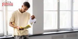 Man reviewing documents while standing next to large white windows in a bright room, Fortress Windows & Doors logo visible in the corner Man reviewing documents while standing next to large white windows in a bright room, Fortress Windows & Doors logo visible in the corner