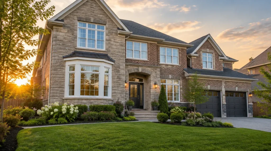 Aurora stone home with a new bay window