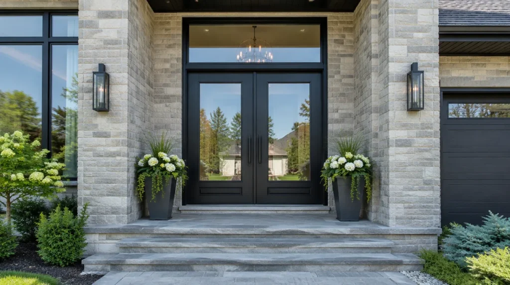 Black fibreglass double entry doors on a stone home