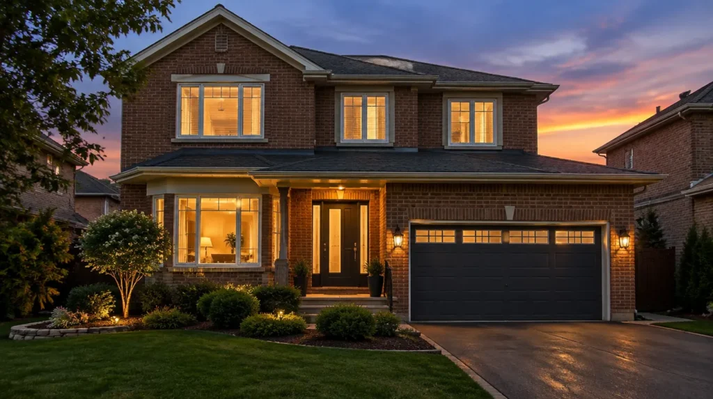 Brick home at dusk with new windows
