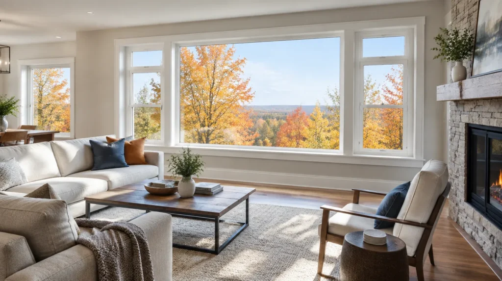 Living room with a wall of new vinyl windows