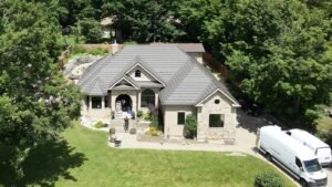 Aerial view of an Oro-Medonte home with new windows, front entry door, garage door and 6-inch eavestrough installed by Fortress Windows & Doors Aerial view of an Oro-Medonte home with new windows, front entry door, garage door and 6-inch eavestrough installed by Fortress Windows & Doors