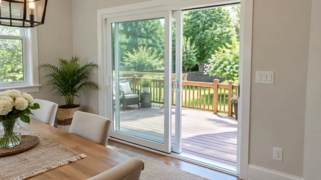 Sliding patio door opening onto a deck