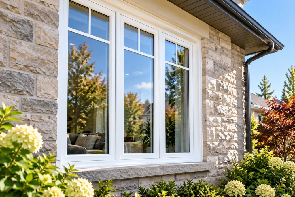 Close-up of new white vinyl casement windows with Low-E glass on a stone house